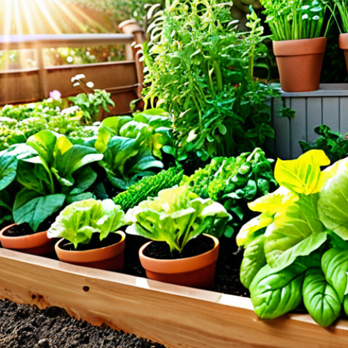 Home 11 A vibrant home garden scene. Focus on easy-to-grow herbs and leafy greens like basil, mint, lettuce, and bok choy thriving in pots and raised beds. Capture the sunlight and fresh colors of a thriving edible garden.