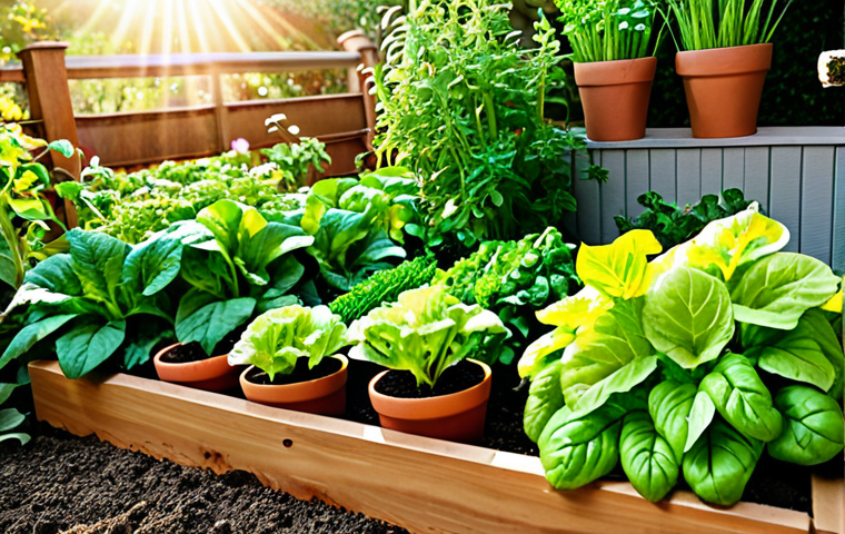 A vibrant home garden scene. Focus on easy-to-grow herbs and leafy greens like basil, mint, lettuce, and bok choy thriving in pots and raised beds. Capture the sunlight and fresh colors of a thriving edible garden.