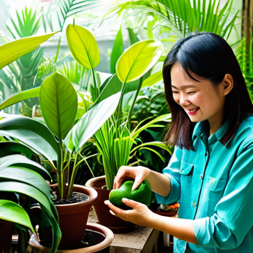 Home 6 A cheerful Vietnamese woman, mid-30s, dressed in modest, comfortable gardening attire (long-sleeved shirt, trousers), fully clothed, observing the diverse thriving plants in her sunny home garden. The garden is lush and vibrant, showcasing a mix of tropical fruit trees like a small guava or mango tree, and common Vietnamese ornamental plants such as Monstera or Snake Plant (Lưỡi Hổ). Sunlight filters through the leaves, creating dappled light. There are various plant pots, some clay, some recycled containers, and healthy, well-tended soil. She is gently touching a leaf, a warm, contented expression on her face, embodying the joy of a sustainable garden perfectly adapted to the local Vietnamese climate. Professional photography, high detail, natural lighting, correct proportions, perfect anatomy, well-formed hands, proper finger count, natural body proportions, safe for work, appropriate content, family-friendly.