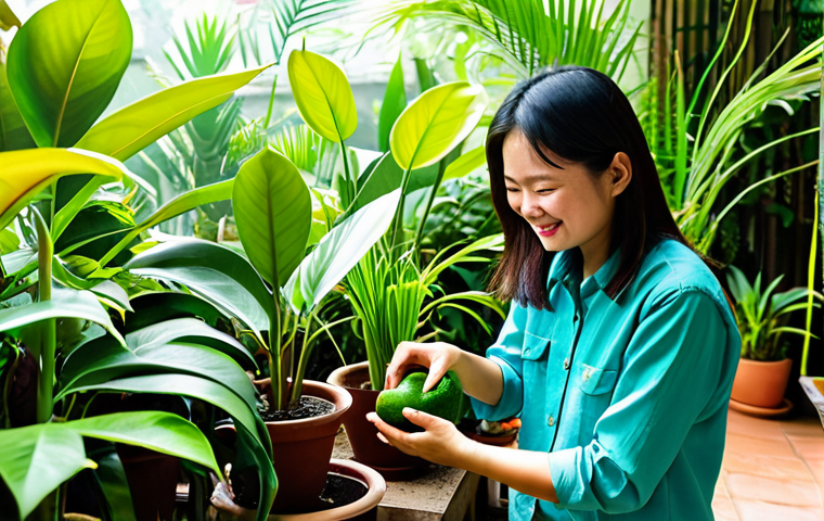 A cheerful Vietnamese woman, mid-30s, dressed in modest, comfortable gardening attire (long-sleeved shirt, trousers), fully clothed, observing the diverse thriving plants in her sunny home garden. The garden is lush and vibrant, showcasing a mix of tropical fruit trees like a small guava or mango tree, and common Vietnamese ornamental plants such as Monstera or Snake Plant (Lưỡi Hổ). Sunlight filters through the leaves, creating dappled light. There are various plant pots, some clay, some recycled containers, and healthy, well-tended soil. She is gently touching a leaf, a warm, contented expression on her face, embodying the joy of a sustainable garden perfectly adapted to the local Vietnamese climate. Professional photography, high detail, natural lighting, correct proportions, perfect anatomy, well-formed hands, proper finger count, natural body proportions, safe for work, appropriate content, family-friendly.