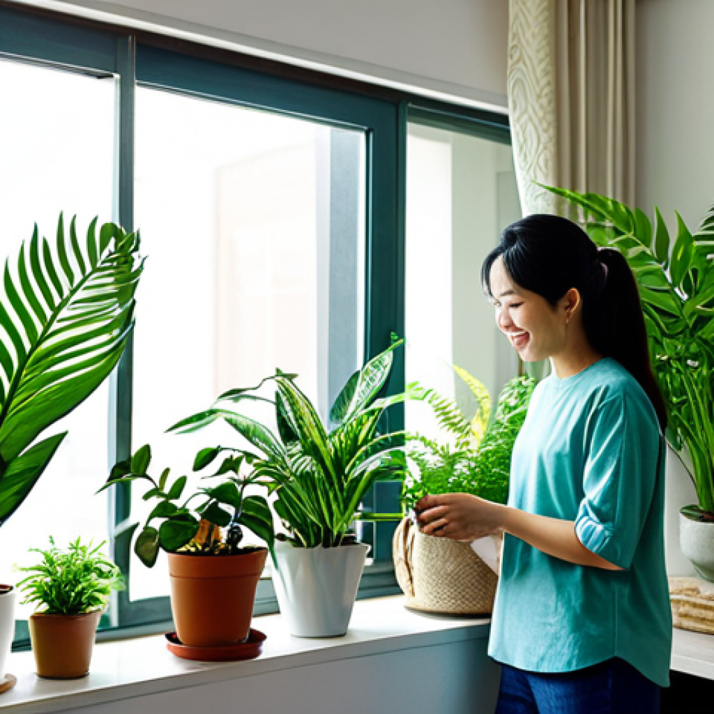 **
A bright, modern Vietnamese apartment interior with numerous thriving houseplants. A woman in modest, casual clothing is watering a plant on a shelf. Various plant types are visible: snake plants, pothos, and ferns. Natural light streams in through a window. Safe for work, appropriate content, fully clothed, family-friendly, professional photography, perfect anatomy, natural proportions, well-formed hands, proper finger count.
**