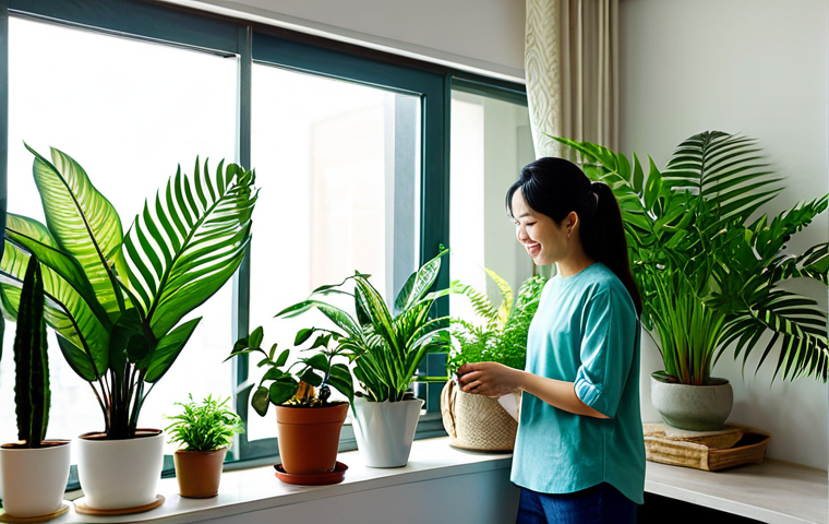 **
A bright, modern Vietnamese apartment interior with numerous thriving houseplants. A woman in modest, casual clothing is watering a plant on a shelf. Various plant types are visible: snake plants, pothos, and ferns. Natural light streams in through a window. Safe for work, appropriate content, fully clothed, family-friendly, professional photography, perfect anatomy, natural proportions, well-formed hands, proper finger count.
**