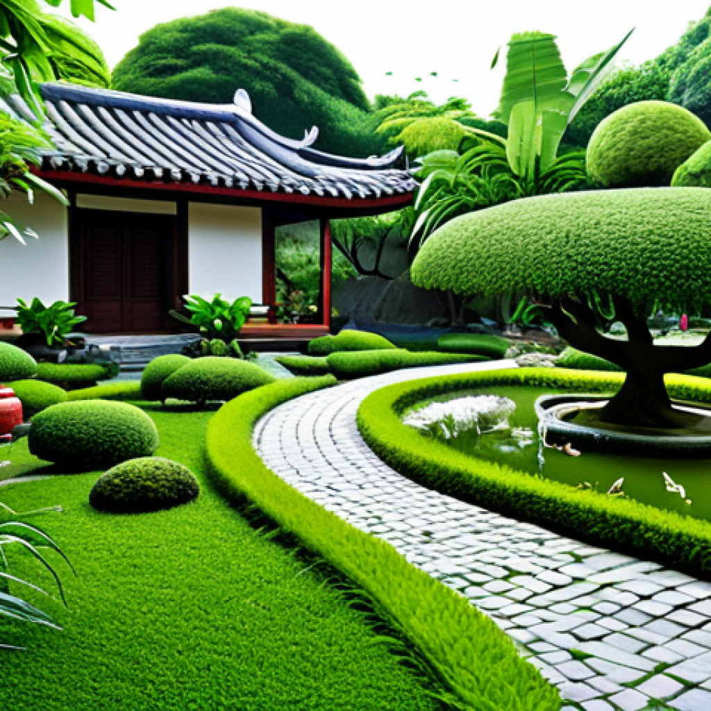 Harmonious Garden Scene**
"A serene Vietnamese garden featuring a variety of lush, green plants, fully clothed, arranged with balance and harmony, appropriate content. Incorporate elements of Japanese or French garden styles. Include a small stone lantern and a winding path. Perfect anatomy, natural proportions, professional photography, safe for work, modest design."
**