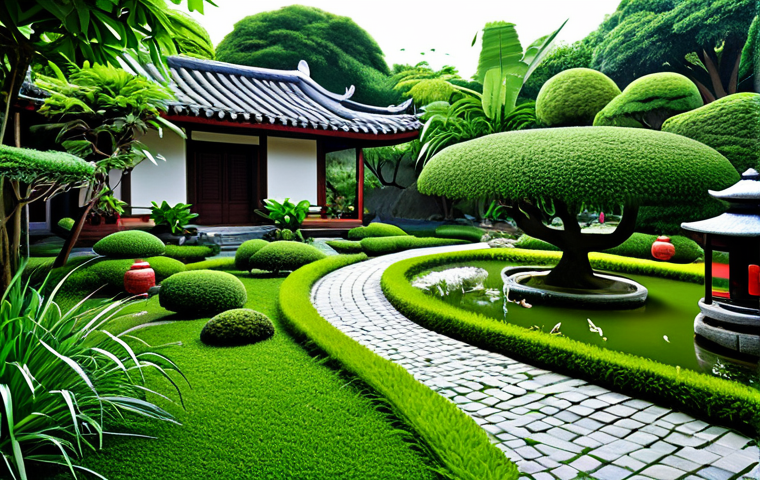 Harmonious Garden Scene**
"A serene Vietnamese garden featuring a variety of lush, green plants, fully clothed, arranged with balance and harmony, appropriate content. Incorporate elements of Japanese or French garden styles. Include a small stone lantern and a winding path. Perfect anatomy, natural proportions, professional photography, safe for work, modest design."
**