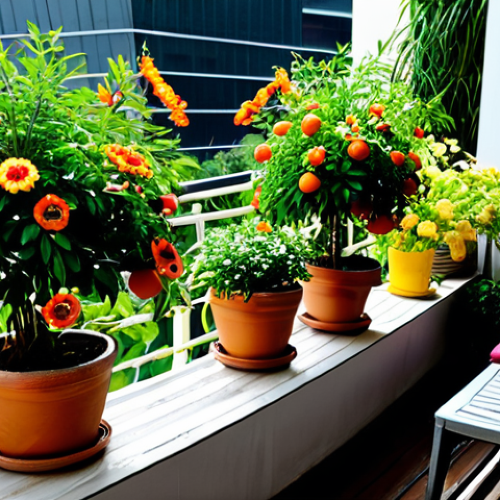 Balcony Garden Oasis**
"A vibrant balcony garden overflowing with lush greenery and colorful flowers in Ho Chi Minh City. Potted herbs, small fruit trees, and climbing vines create a sense of abundance. Include decorative lanterns and comfortable seating. Safe for work, appropriate content, fully clothed figures enjoying the space, professional, modest, family-friendly, perfect anatomy, correct proportions, natural pose, well-formed hands, proper finger count, natural body proportions, high quality."
**