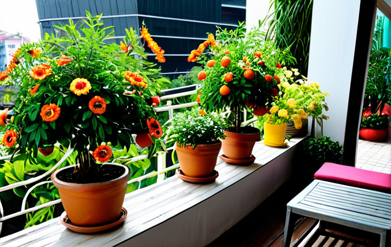 Balcony Garden Oasis**
"A vibrant balcony garden overflowing with lush greenery and colorful flowers in Ho Chi Minh City. Potted herbs, small fruit trees, and climbing vines create a sense of abundance. Include decorative lanterns and comfortable seating. Safe for work, appropriate content, fully clothed figures enjoying the space, professional, modest, family-friendly, perfect anatomy, correct proportions, natural pose, well-formed hands, proper finger count, natural body proportions, high quality."
**