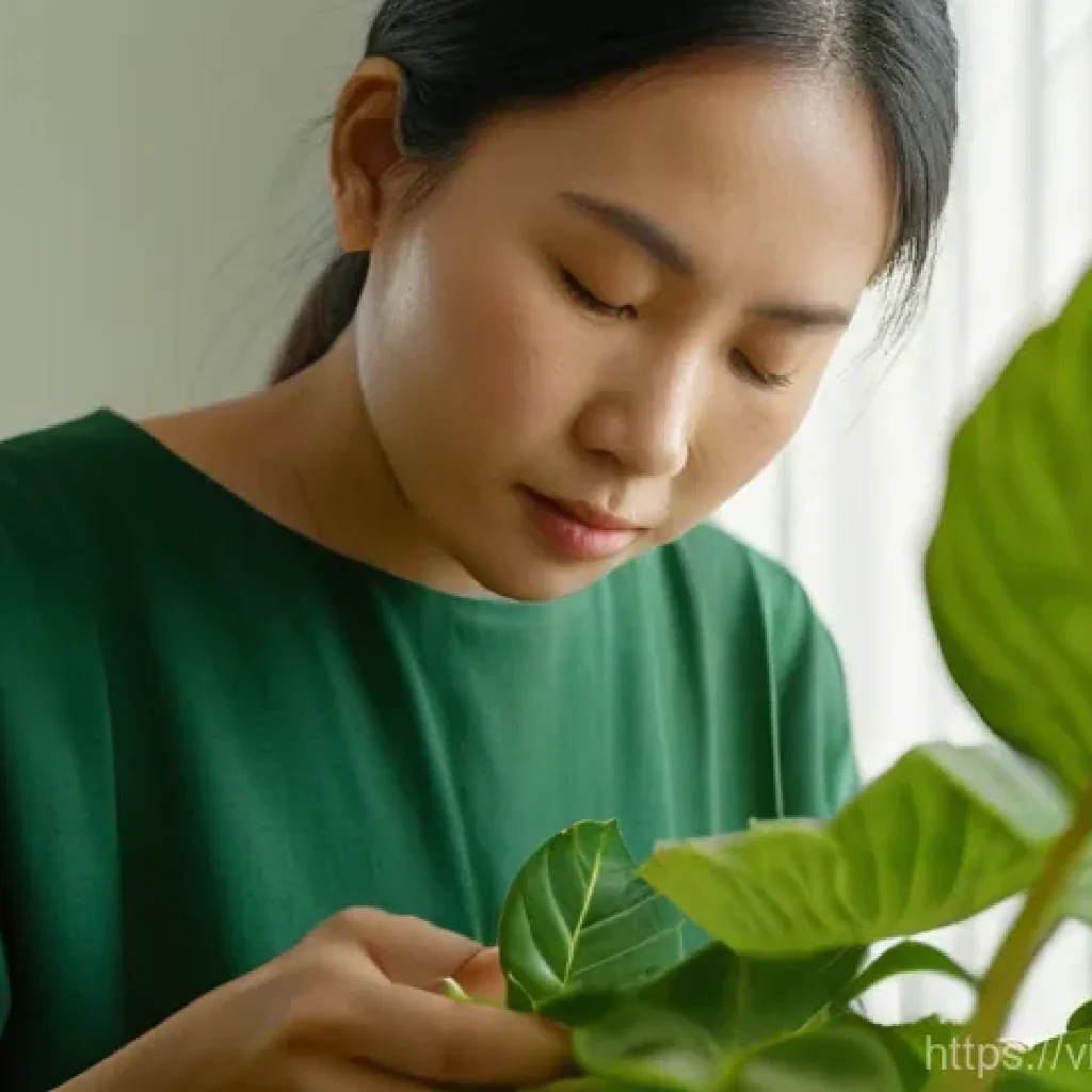 홈가드닝을 위한 해충 방제 방법 - Prompt for Early Detection and Inspection:**
"A focused close-up of a Vietnamese woman, approximatel...