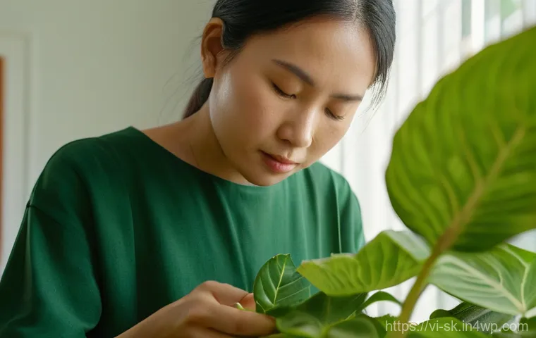 홈가드닝을 위한 해충 방제 방법 - Prompt for Early Detection and Inspection:**
"A focused close-up of a Vietnamese woman, approximatel...