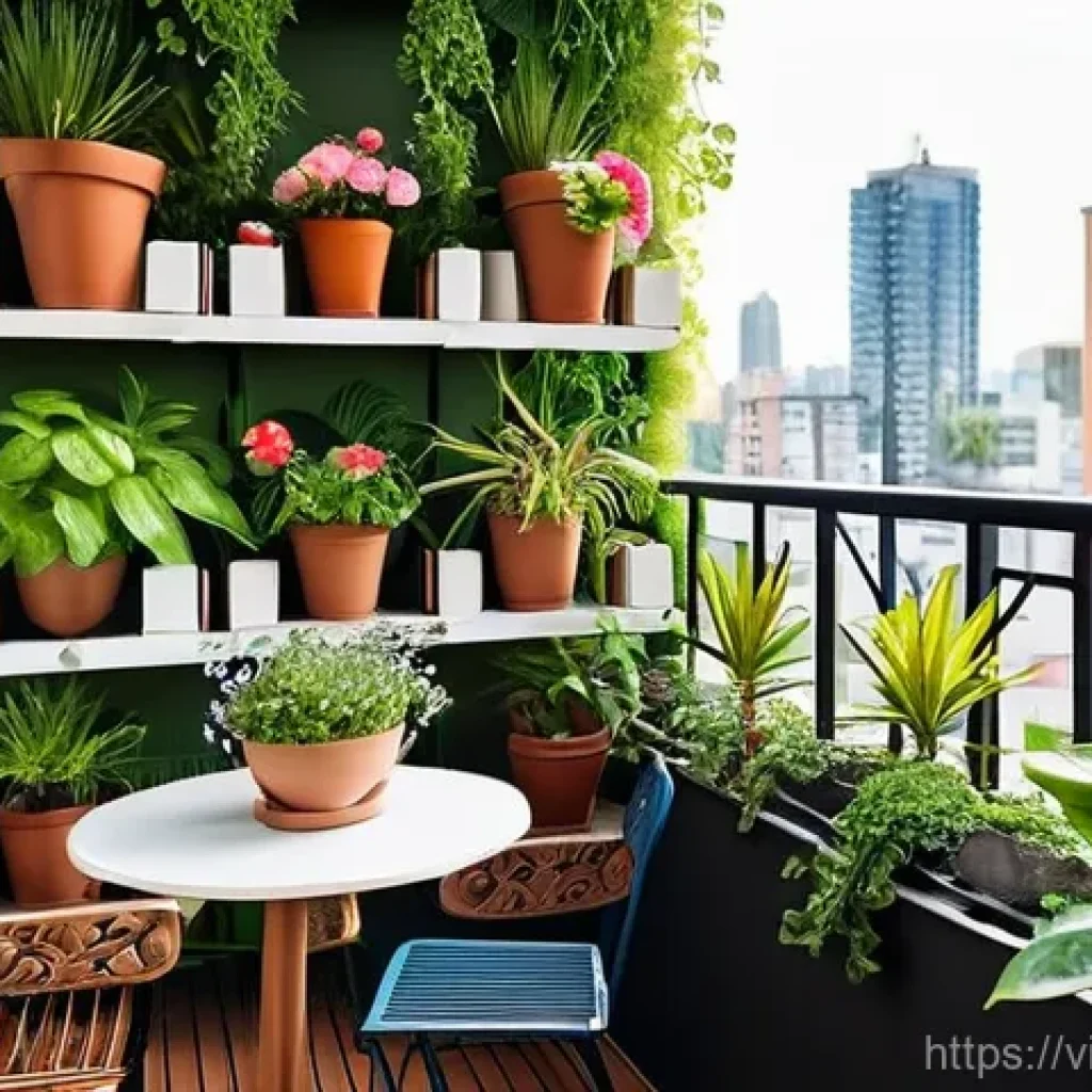 정원에서의 식물 배치 원칙 - **Vibrant Urban Balcony Oasis:**
A beautifully designed, compact urban balcony garden, approxima...