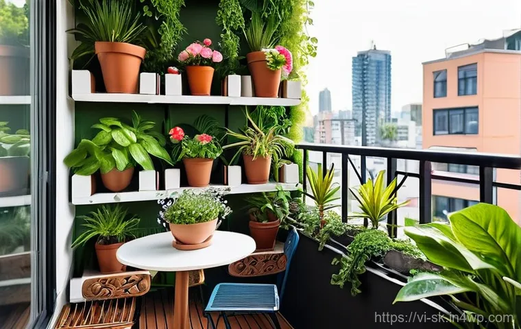 정원에서의 식물 배치 원칙 - **Vibrant Urban Balcony Oasis:**
A beautifully designed, compact urban balcony garden, approxima...