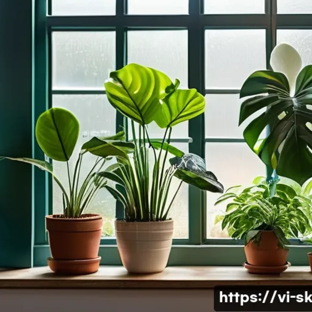 홈가드닝의 전문적인 기술 배우기 - A vibrant indoor garden scene featuring a variety of houseplants in pots filled with rich, dark humu...
