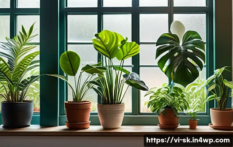 홈가드닝의 전문적인 기술 배우기 - A vibrant indoor garden scene featuring a variety of houseplants in pots filled with rich, dark humu...