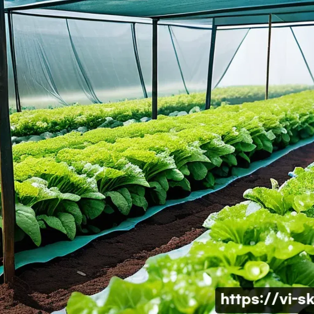 식물 성장을 위한 최적의 온도 유지법 - A vibrant Vietnamese vegetable garden under a protective 50% shade net during a sunny summer day, sh...