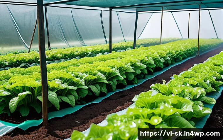식물 성장을 위한 최적의 온도 유지법 - A vibrant Vietnamese vegetable garden under a protective 50% shade net during a sunny summer day, sh...