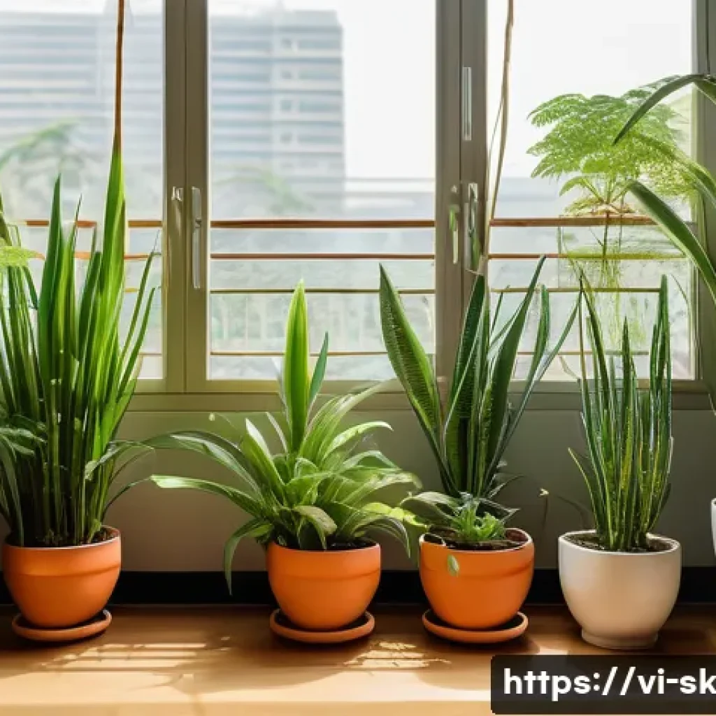 홈가드닝을 통한 환경 보호 방법 - A cozy Vietnamese home balcony garden scene featuring a variety of potted plants such as snake plant...
