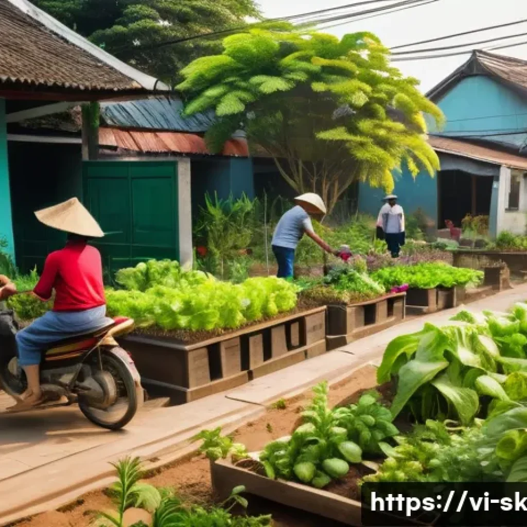 커뮤니티 가드닝 참여하기의 장점 - A vibrant community garden scene in a Vietnamese urban neighborhood during daytime, diverse group of...