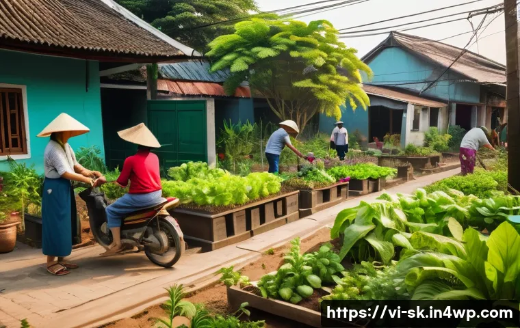 커뮤니티 가드닝 참여하기의 장점 - A vibrant community garden scene in a Vietnamese urban neighborhood during daytime, diverse group of...