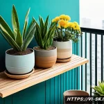 Home 22 가드닝을 위한 공간 활용 노하우 - A cozy small balcony garden in an urban Vietnamese apartment, featuring multi-tiered wooden and meta...