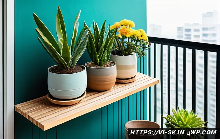 가드닝을 위한 공간 활용 노하우 - A cozy small balcony garden in an urban Vietnamese apartment, featuring multi-tiered wooden and meta...