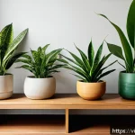 Home 20 실내 식물 기르기 위한 최적의 팁 - A cozy modern living room interior featuring shade-tolerant indoor plants such as snake plant (Sanse...