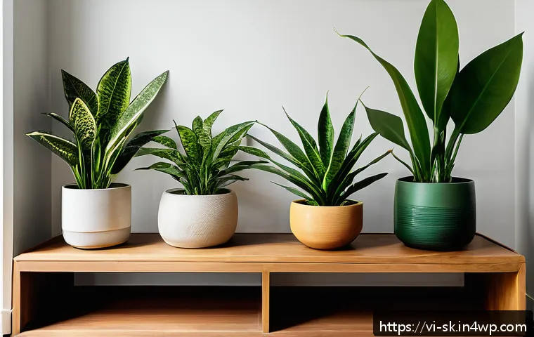 실내 식물 기르기 위한 최적의 팁 - A cozy modern living room interior featuring shade-tolerant indoor plants such as snake plant (Sanse...