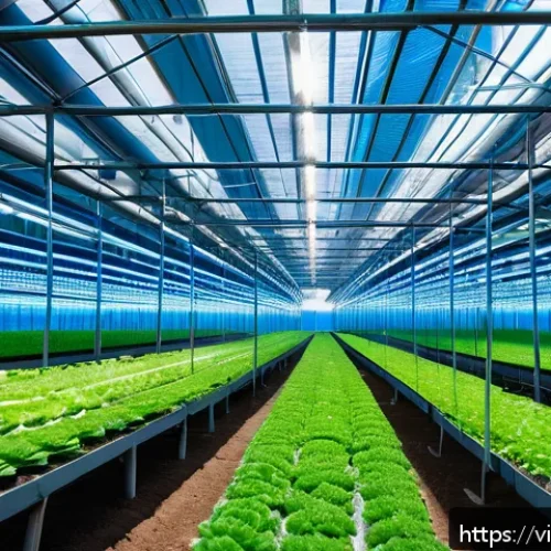 Home 31 식물 성장 촉진을 위한 빛 조절 기술 - A modern Vietnamese greenhouse interior with rows of leafy green vegetables under adjustable LED gro...