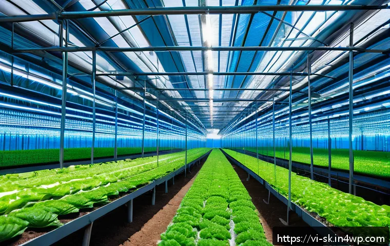 식물 성장 촉진을 위한 빛 조절 기술 - A modern Vietnamese greenhouse interior with rows of leafy green vegetables under adjustable LED gro...