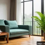 Home 23 상대 습도 조절이 중요한 이유 - A cozy Vietnamese living room during the rainy season, with a modern dehumidifier quietly running ne...