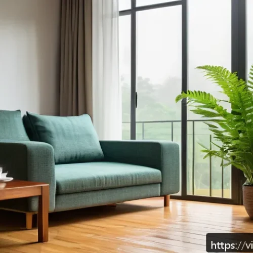 Home 17 상대 습도 조절이 중요한 이유 - A cozy Vietnamese living room during the rainy season, with a modern dehumidifier quietly running ne...