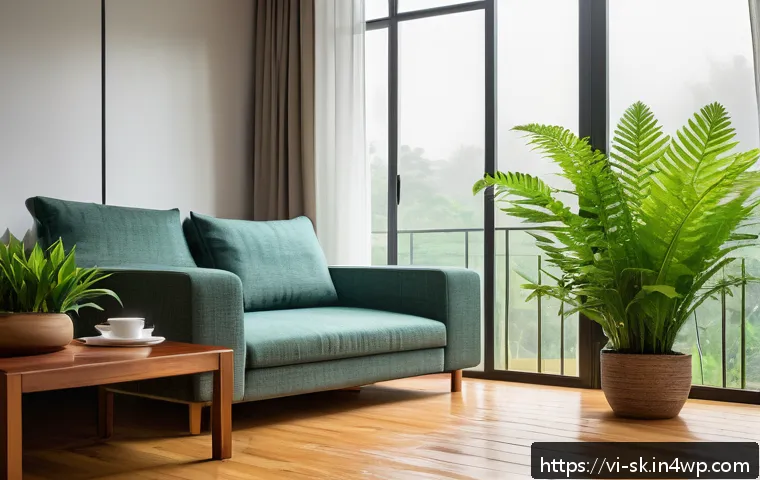 상대 습도 조절이 중요한 이유 - A cozy Vietnamese living room during the rainy season, with a modern dehumidifier quietly running ne...