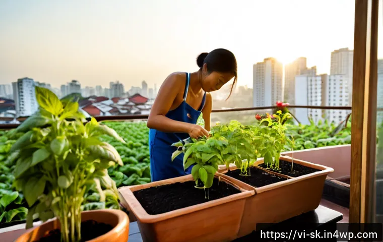 Home 17 홈가드닝을 위한 필수 팁과 기술 - Photorealistic Vietnamese home gardener tending a compact balcony vegetable garden, carefully checki...