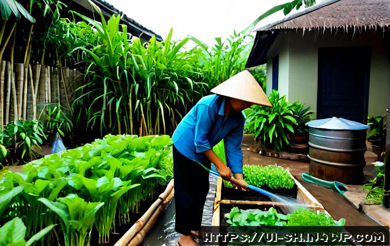 가드닝에서의 기후 변화 대응 전략 - Photorealistic climate-resilient home garden in Vietnam during a warm early morning, a Vietnamese ga...