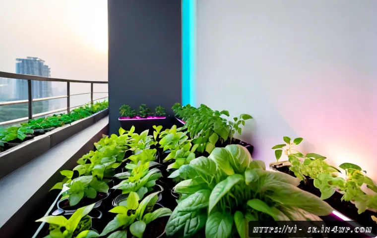 Home 30 식물의 생장을 돕는 조명 기기 소개 - Photorealistic Vietnamese apartment balcony garden at early morning, compact full-spectrum LED grow ...