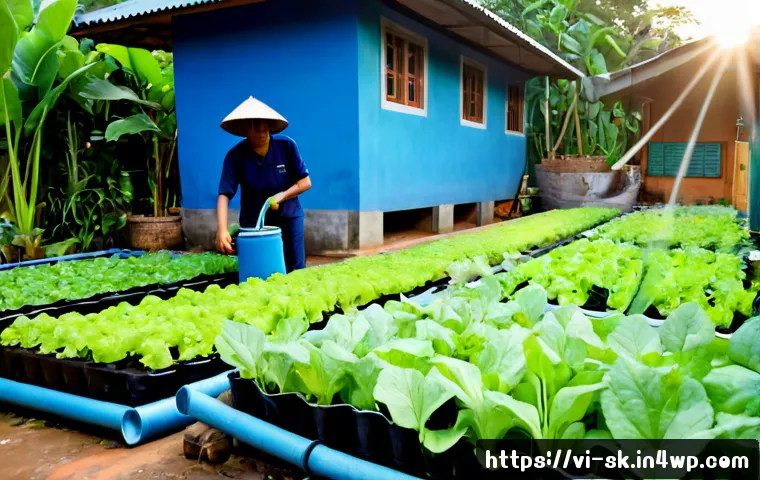 Home 17 정원에서의 물 관리 시스템 구축하기 - Photorealistic Vietnamese home garden water management system, neat raised vegetable beds beside a m...