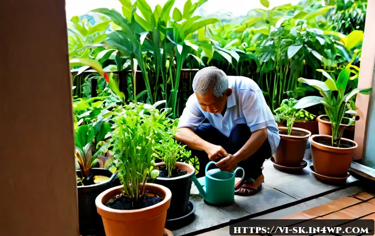 Home 17 홈가드닝을 위한 물주기 주의사항 - Photorealistic Vietnamese apartment balcony home garden at early morning, a middle-aged gardener car...